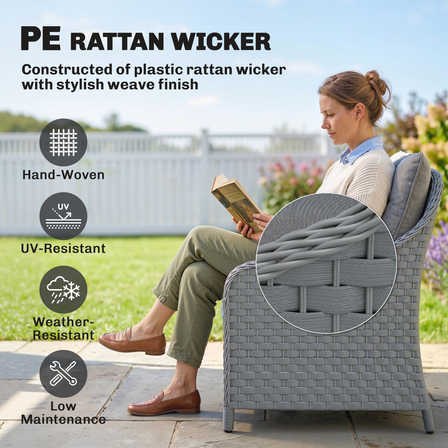 Outsunny 4-Piece Wicker Patio Furniture Set with 2 Armchairs, Loveseat, Glass Coffee Table, Conversation Sofa Set, Dark Grey