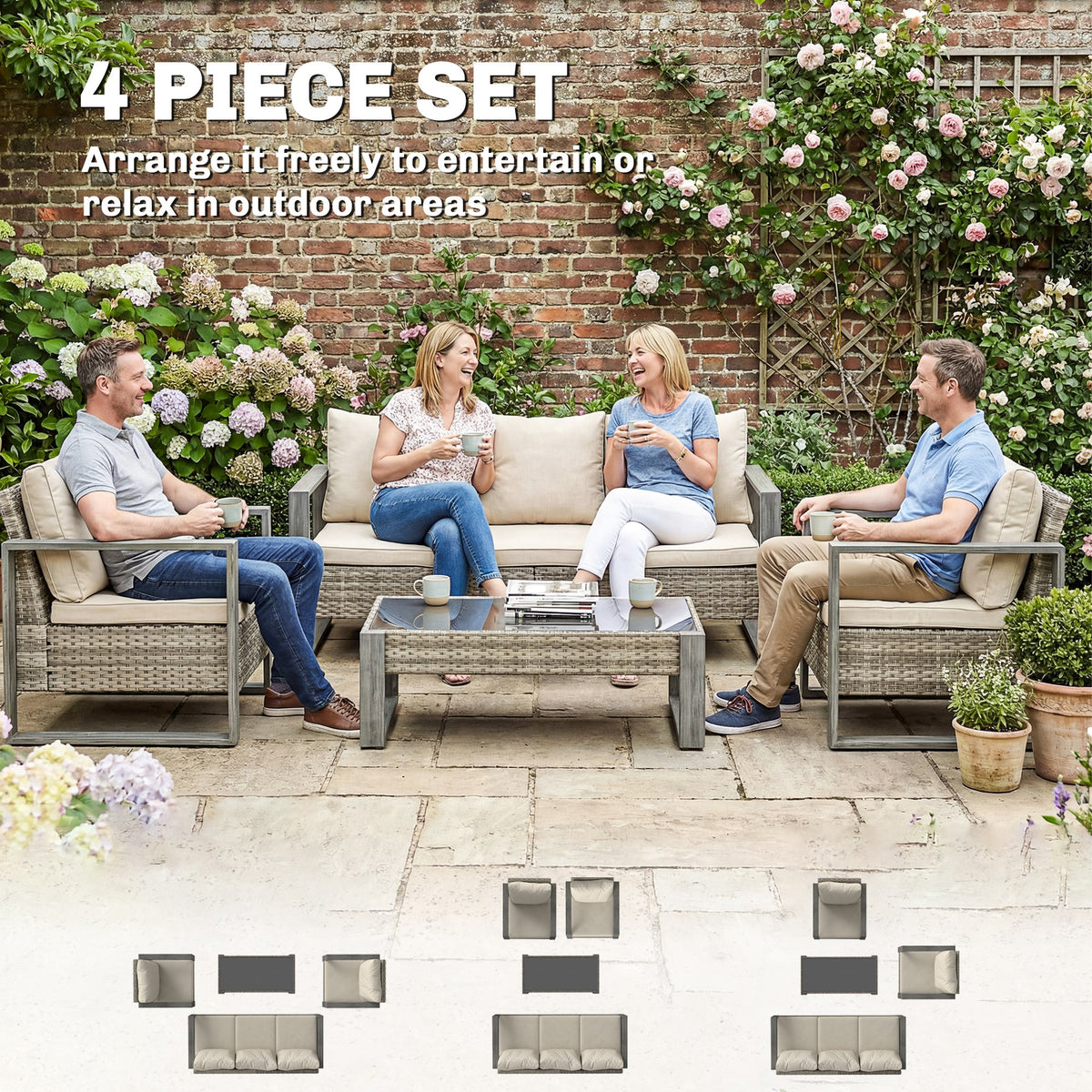 Outsunny 4 Piece Rattan Garden Furniture Set with 3-Seater Sofa, Armchairs, Table, Aluminium Frame Patio Conversation Set, Khaki