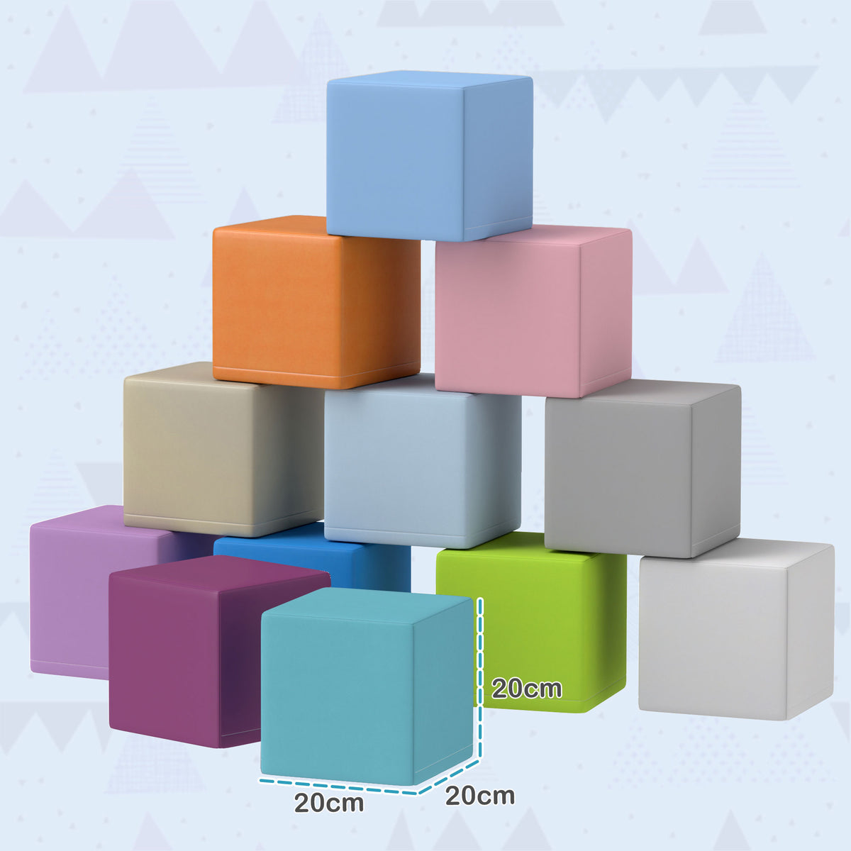HOMCOM soft play blocks arranged in a stack; one cube is marked 20 cm on each side