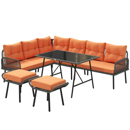 Photo of Outsunny 6 Piece Rattan Garden Furniture Set, 8 Seater Garden Corner Sofa with Cushions and Glass Top Table, Orange in Orange colour on a white background