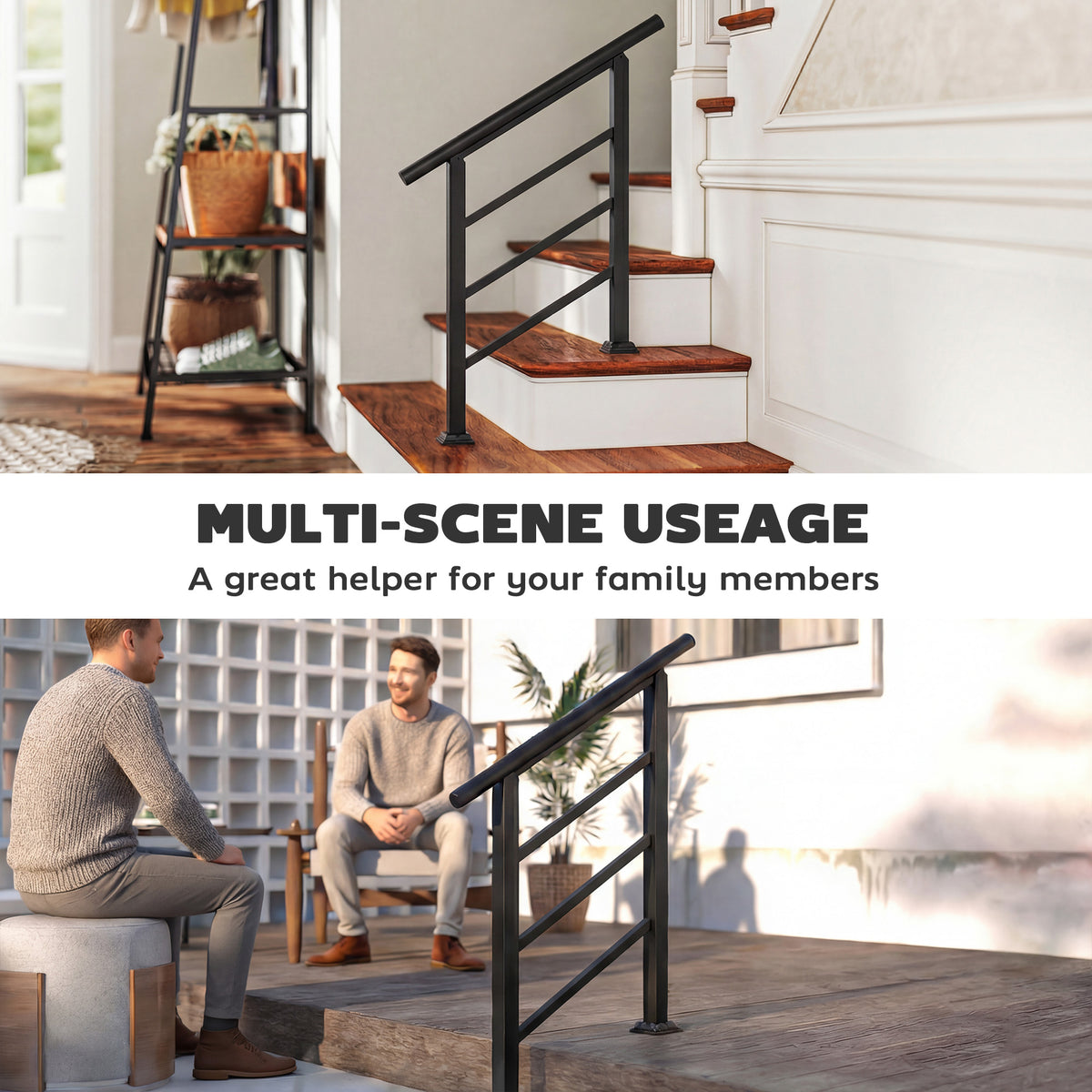 Outsunny Outdoor Handrail for Stairs, 0°-45° Adjustable Wrought Iron Exterior Handrail, Fit 1 to 3 Steps Stair Railing