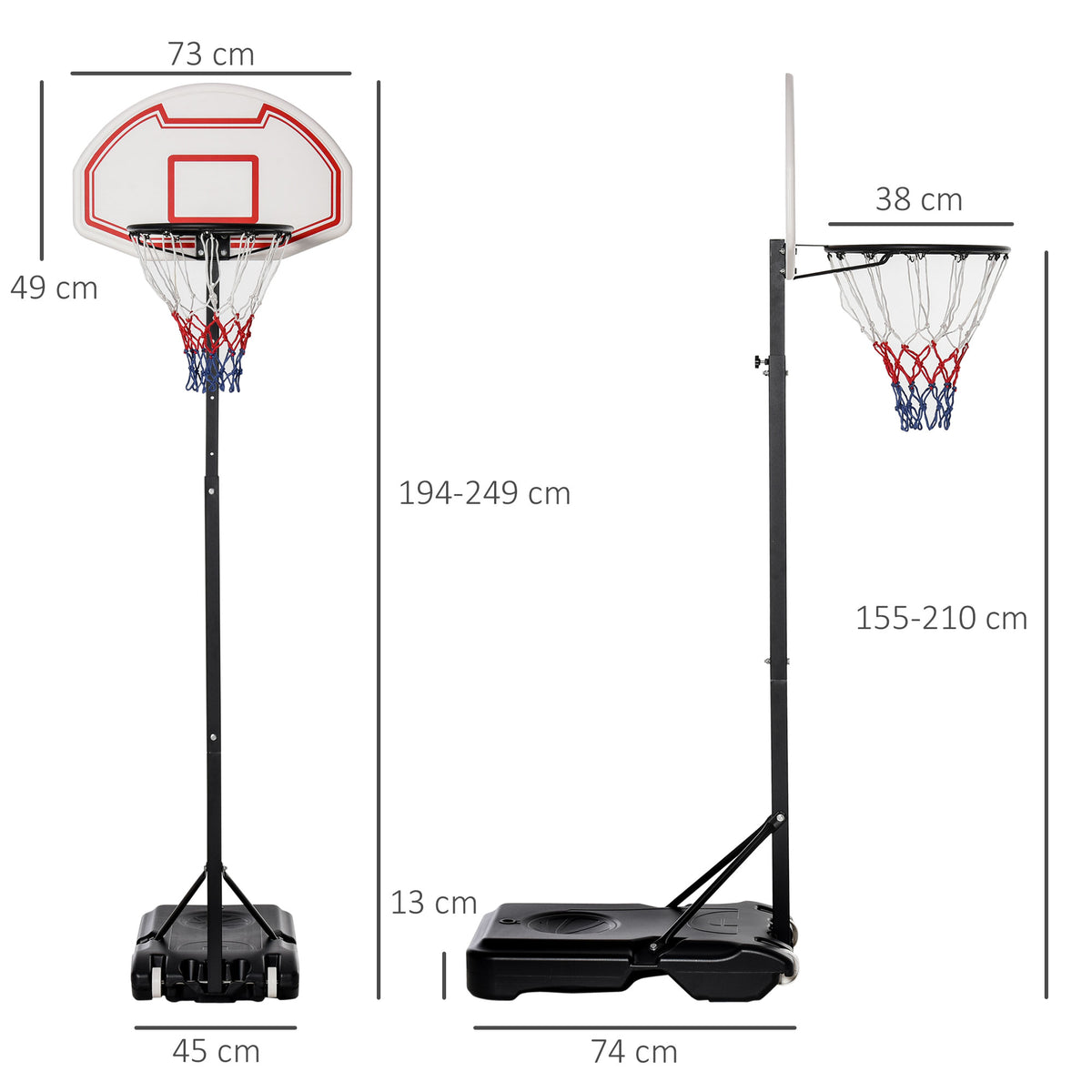 HOMCOM Basketball Hoop Outdoor, Portable Basketball Hoop and Stand with Weighted Base, Portable on Wheels, 1.55-2.1m, for Teens, Juniors, Adults, White