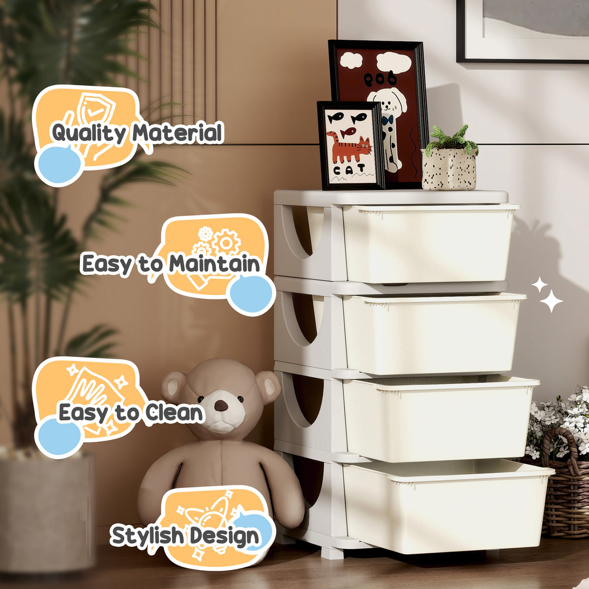 HOMCOM Four-Tier Kids Storage Boxes, with Four Drawers - White