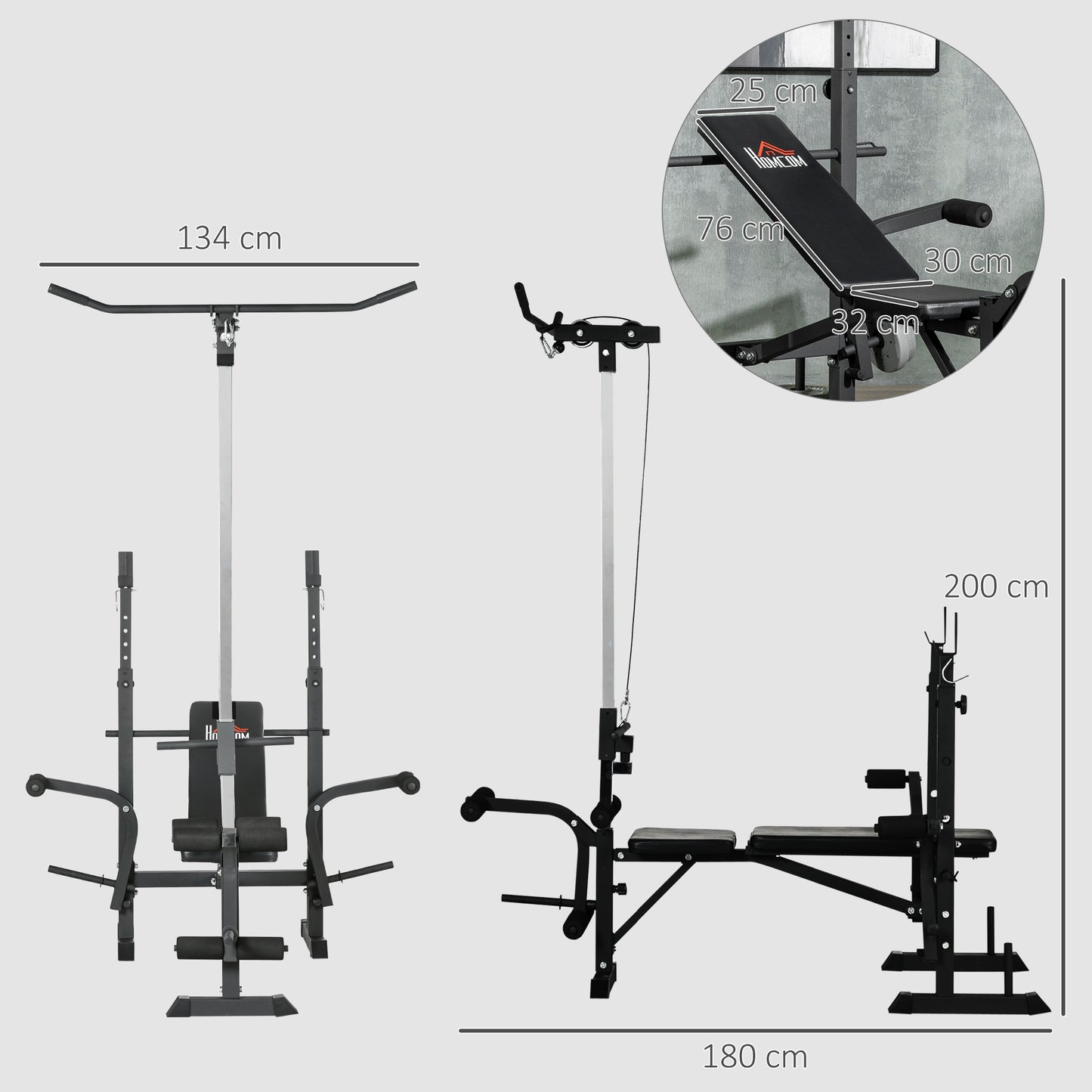 HOMCOM Adjustable Weight Bench with Pulley System, Incline Bench Press Set with Squat Rack, Leg Developer, Butterfly and Weight Storage, for Home Gym Full Body Workout