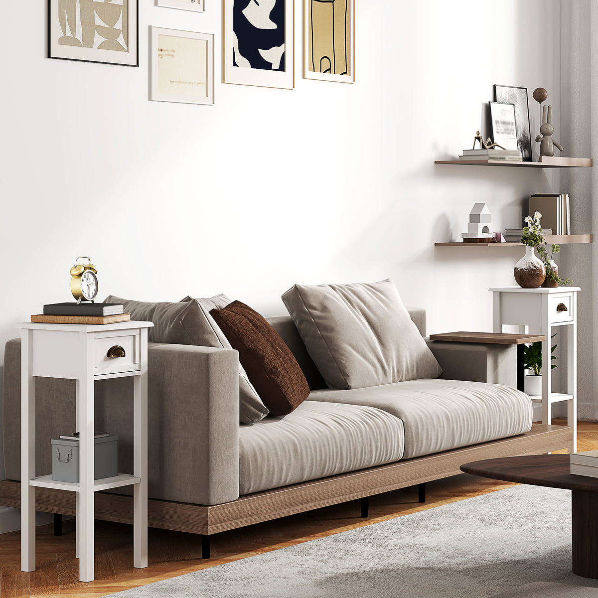 White side table with drawer and lower shelf beside a sofa