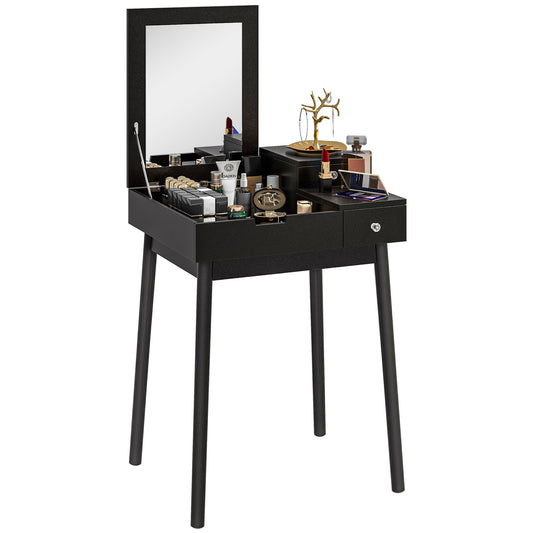 Photo of HOMCOM Dressing Table with Flip-up Mirror, Makeup Desk with 2 Drawers and Pine Wood Legs, Vanity Table Writing Desk for Bedroom Living Room, Black in Black colour on a white background