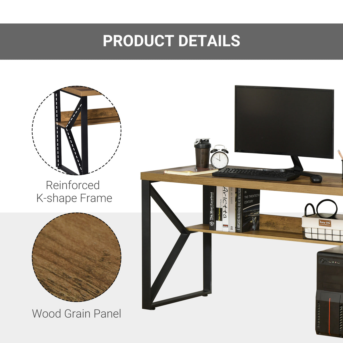 Computer desk with brown wood-effect surfaces, black frame, and storage shelf