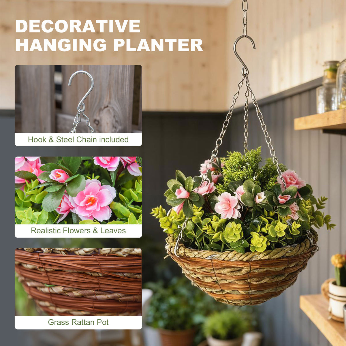 Hanging woven planter filled with pink flowers and green foliage, with a metal hook and chain