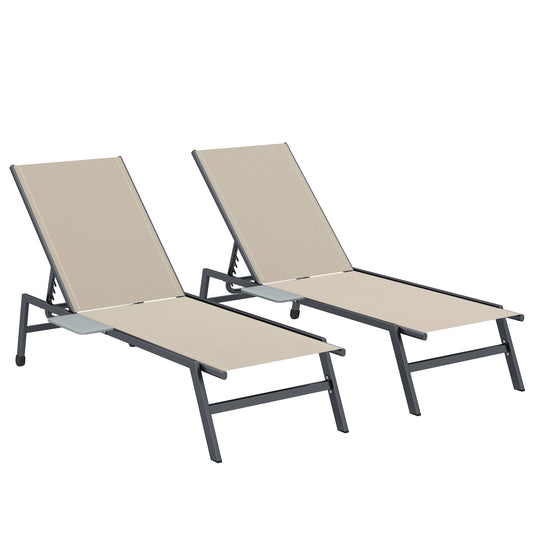 Photo of Outsunny Sun Loungers Set of 2 with Side Tray Table, Garden Recliners with 5-Position Adjustable Backrest, 2 Wheels, Khaki in Khaki colour on a white background