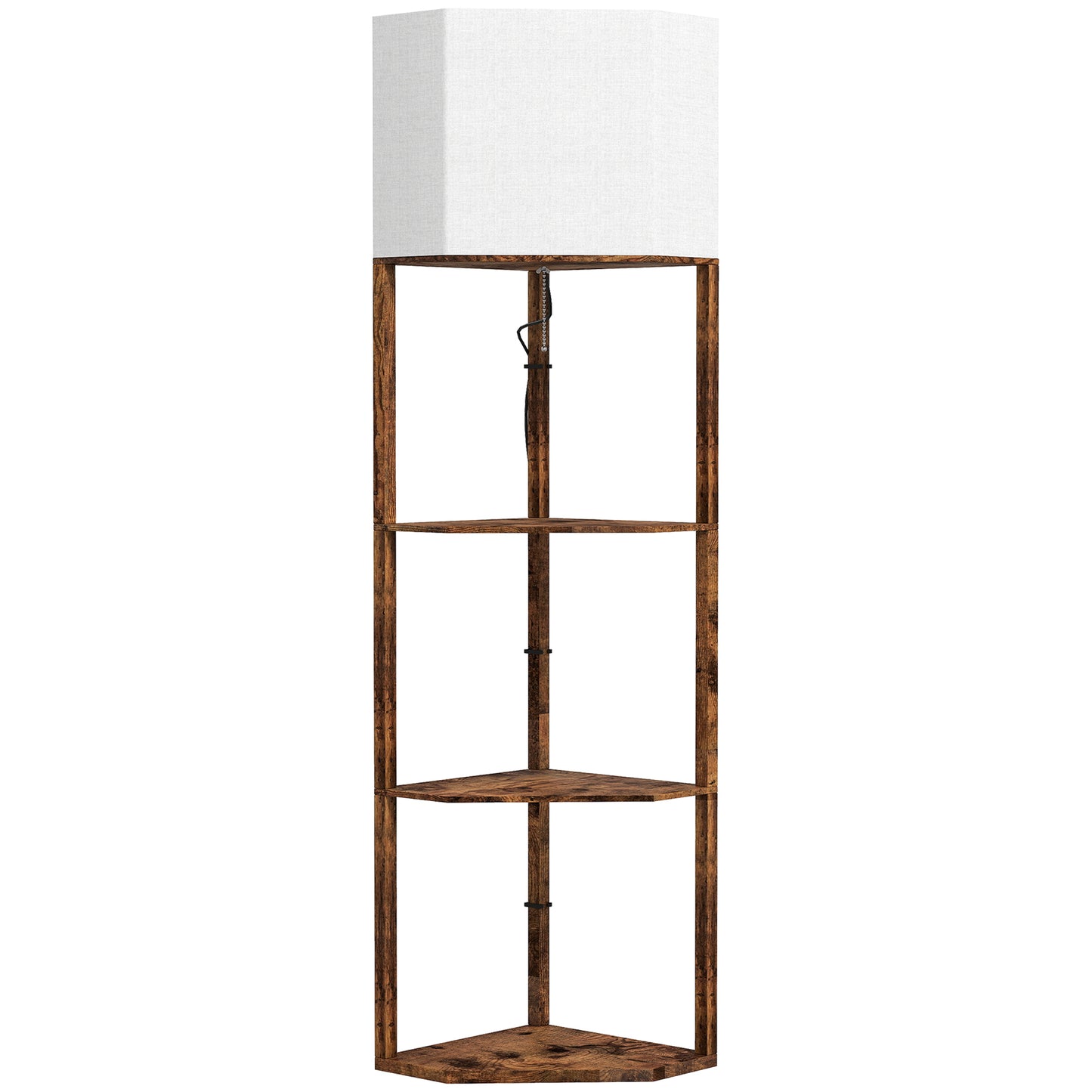 Photo of HOMCOM Corner Floor Lamp with Shelves, Tall Standing Lamps for Living Room, with Pull Chain Switch Bulb not Included, Rustic Brown in Brown colour on a white background