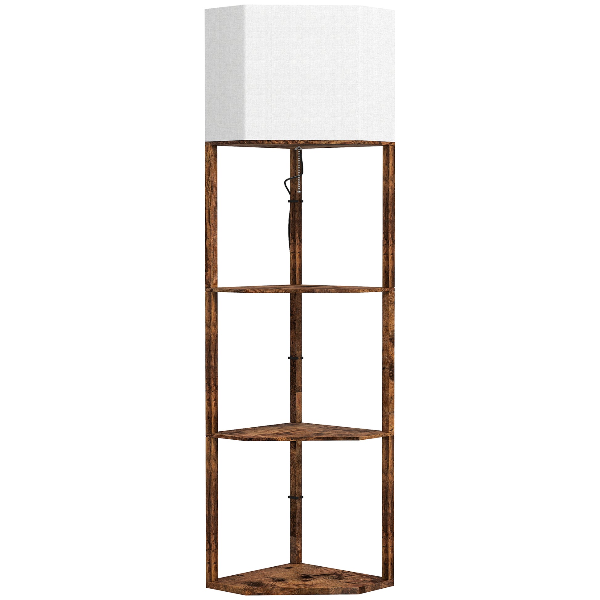 Photo of HOMCOM Corner Floor Lamp with Shelves, Tall Standing Lamps for Living Room, with Pull Chain Switch Bulb not Included, Rustic Brown in Brown colour on a white background
