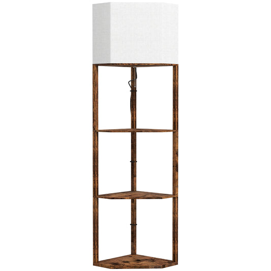 Photo of HOMCOM Corner Floor Lamp with Shelves, Tall Standing Lamps for Living Room, with Pull Chain Switch Bulb not Included, Rustic Brown in Brown colour on a white background