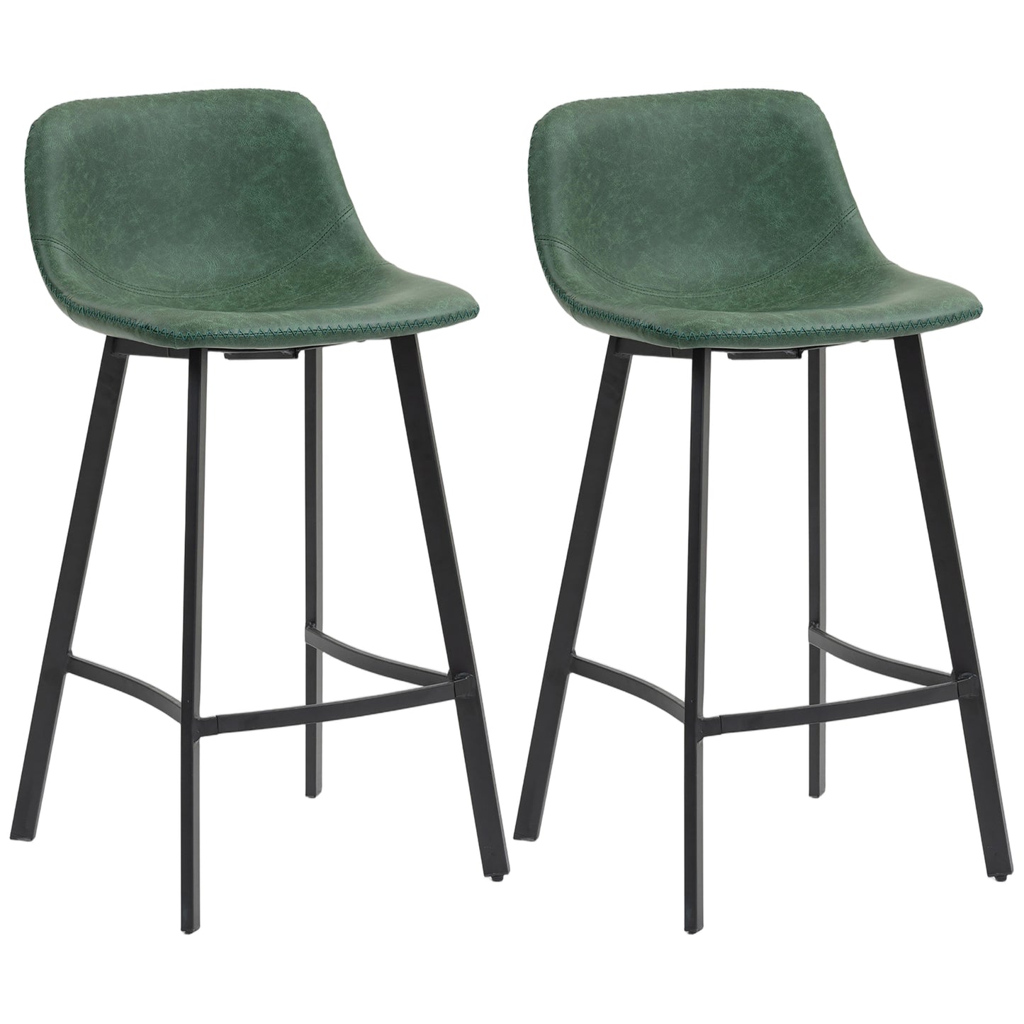 Photo of HOMCOM Bar Stools Set of 2, PU Leather Dining Stools with Backrest, Footrest, for Kitchen, Counter, Breakfast Bar, Green in Green colour on a white background