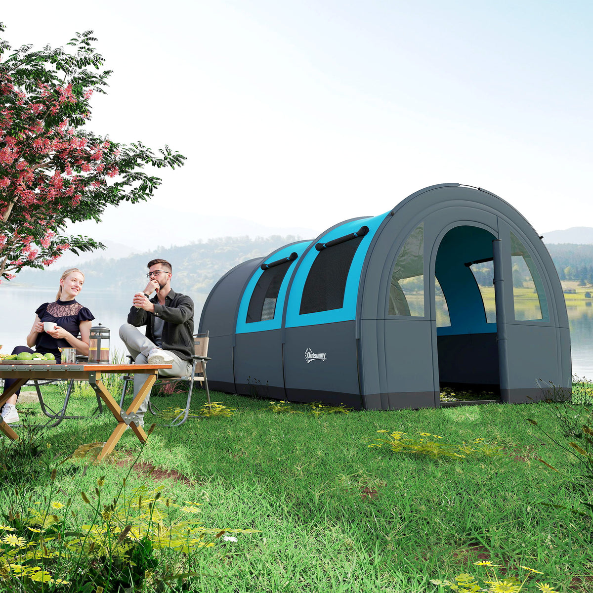 Outsunny Three Man Duo Room Tunnel Tent, with Accessories - Grey/Blue