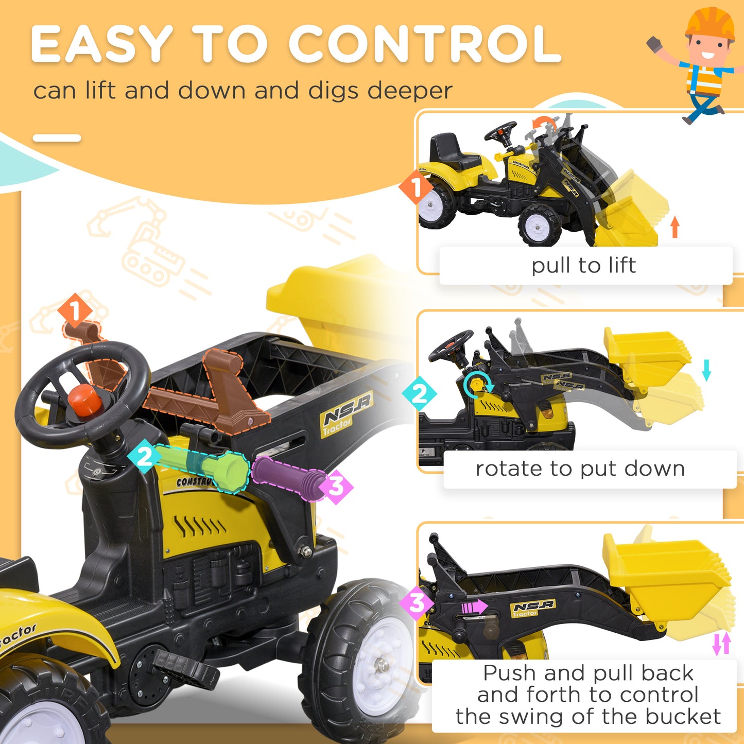 HOMCOM Ride On Tractor, Toddler Excavator Toy, Pretend Play Construction Truck with Adjustable Bucket, Horn for 3 Years+