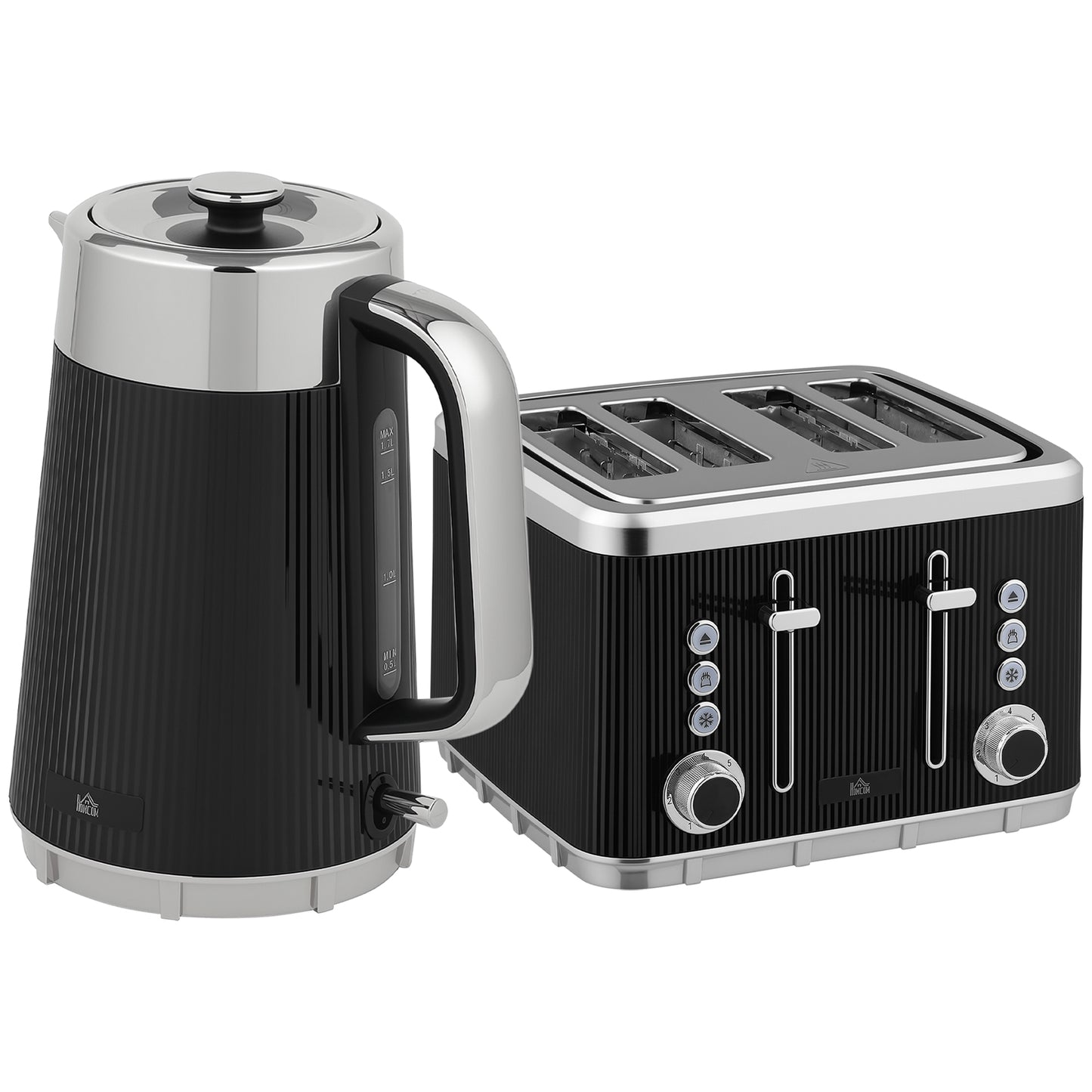Photo of HOMCOM Electric Stainless Steel Kettle and Toaster Set, 3000W 1.7L UK Strix Thermostat Fast Boil Kettle w/ Limescale Filter, Cool Touch Body, 4 Slice Toaster with 7 Browning Levels, Black in Black colour on a white background