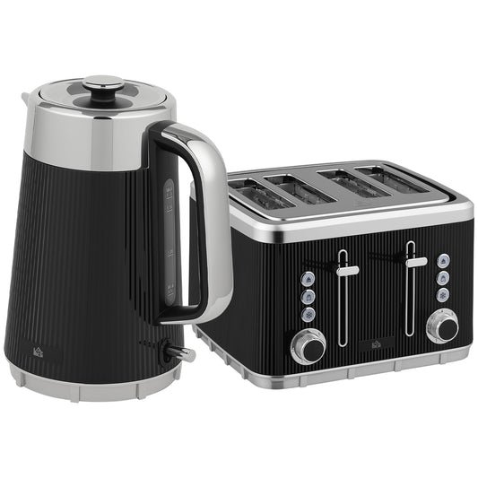 Photo of HOMCOM Electric Stainless Steel Kettle and Toaster Set, 3000W 1.7L UK Strix Thermostat Fast Boil Kettle w/ Limescale Filter, Cool Touch Body, 4 Slice Toaster with 7 Browning Levels, Black in Black colour on a white background