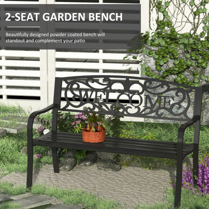 Two-seat black steel garden bench with curved arms and decorative “WELCOME” backrest