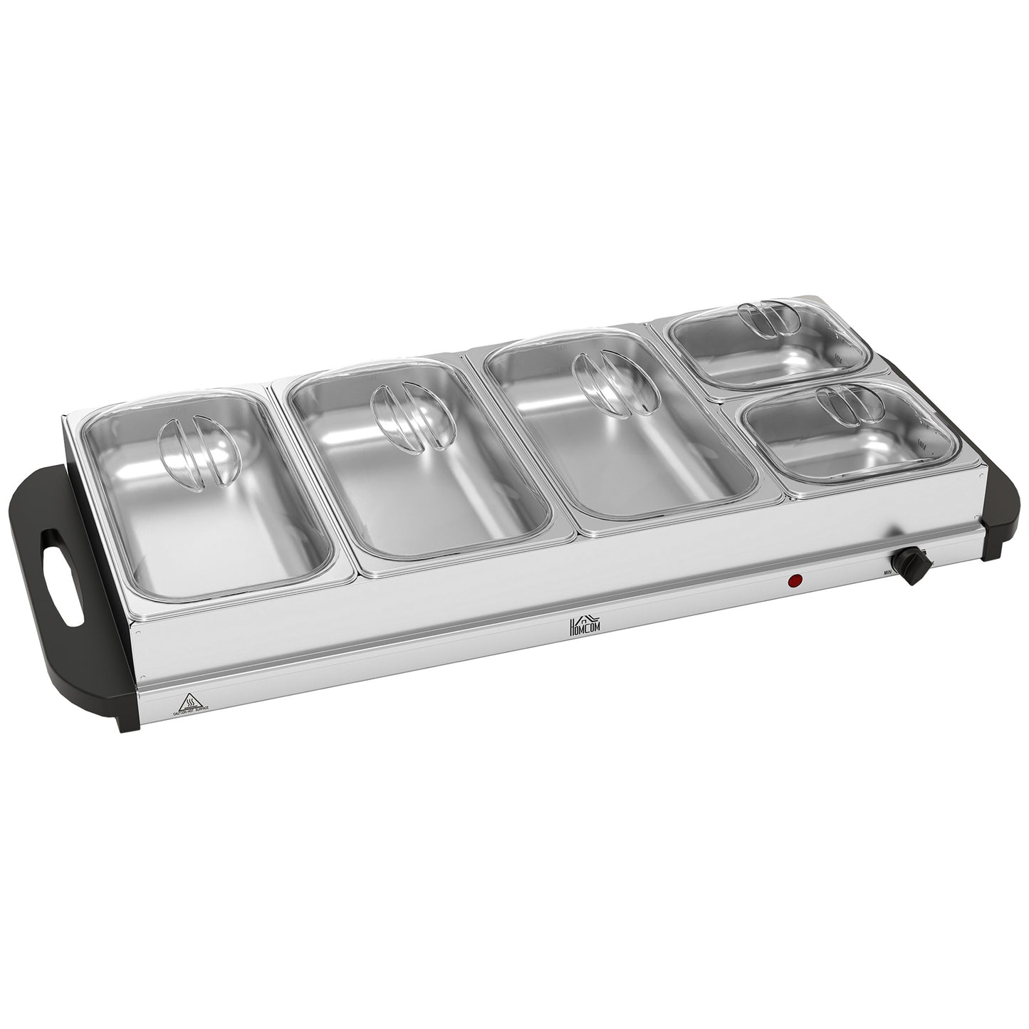 Photo of HOMCOM 5 Tray Electric Food Warmer Buffet Server with Warming Plate, Cool Touch Handles, Adjustable Temperature, 300W, 3 x 2.4L and 2 x 1L Pans in Pans colour on a white background