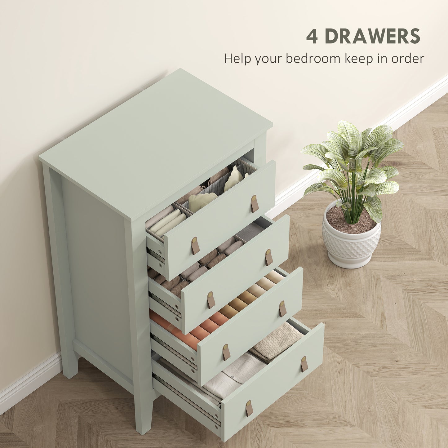 HOMCOM Bedroom Chest of Drawers, Modern 4 Drawer Dresser Cabinet with PU Leather Handles and Metal Runners for Living Room, Hallway, Entryway, 60 x 40 x 98 cm, Green