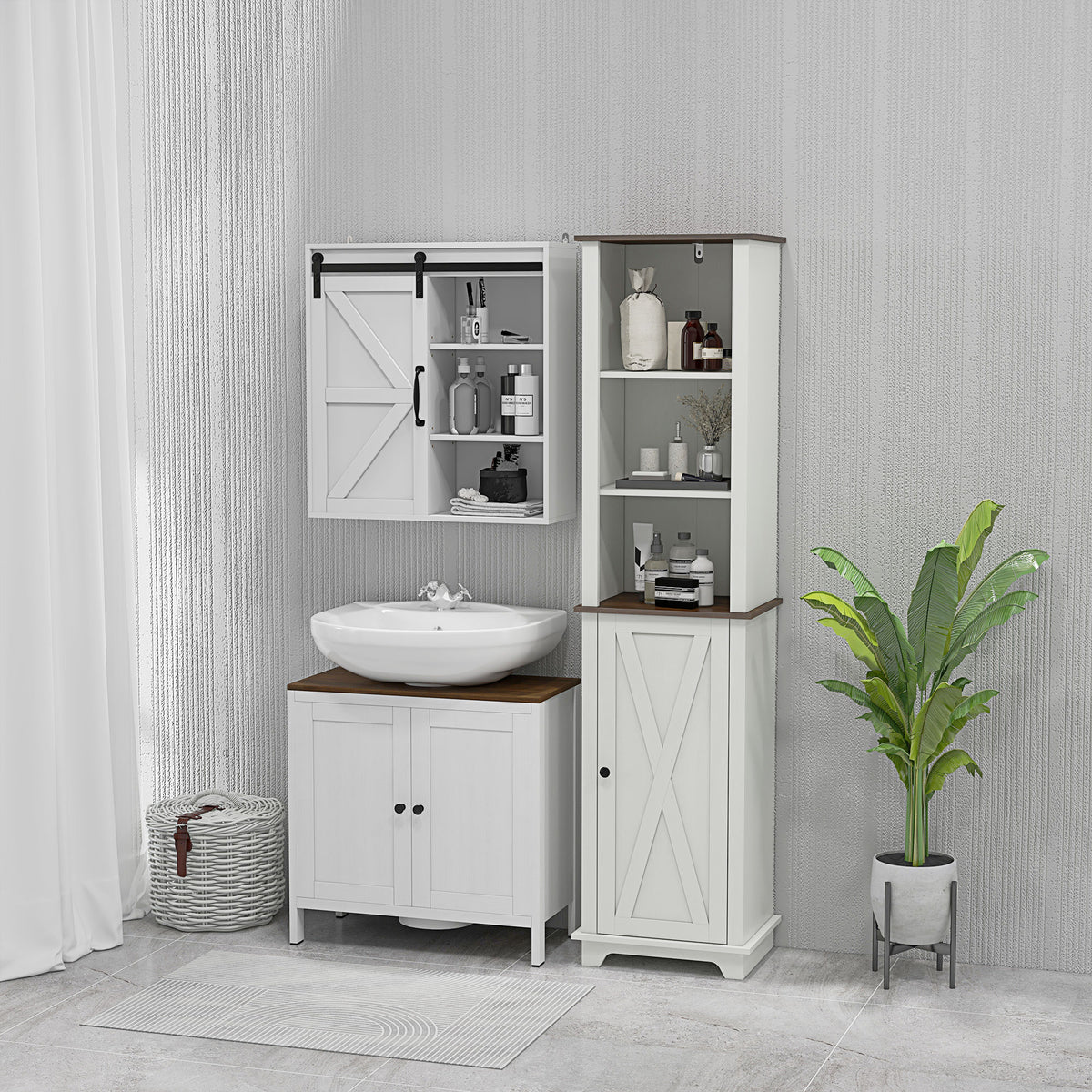 White tall bathroom cabinet with open upper shelves and a closed X-braced lower door