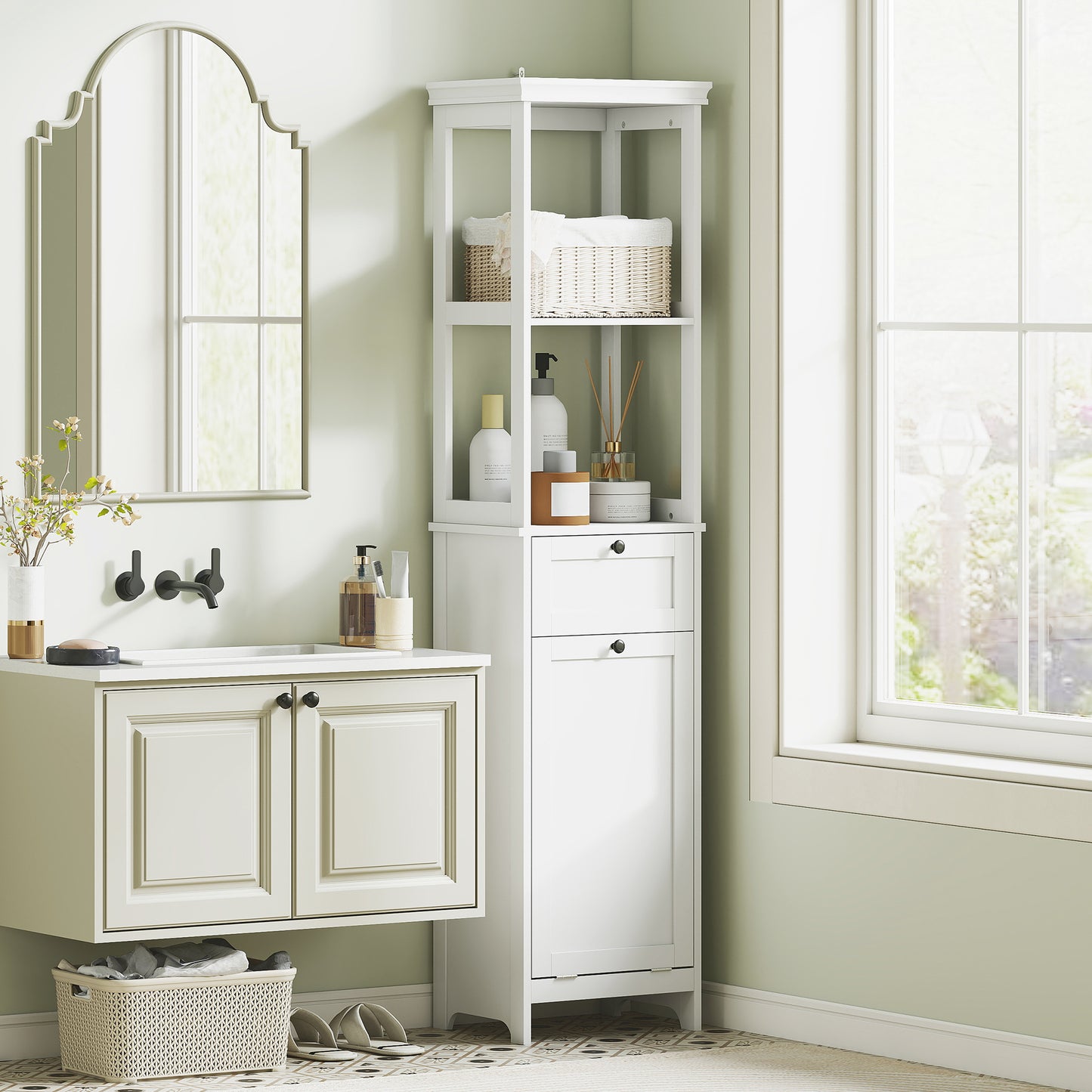 HOMCOM Tall Bathroom Cabinet, with Laundry Basket - White