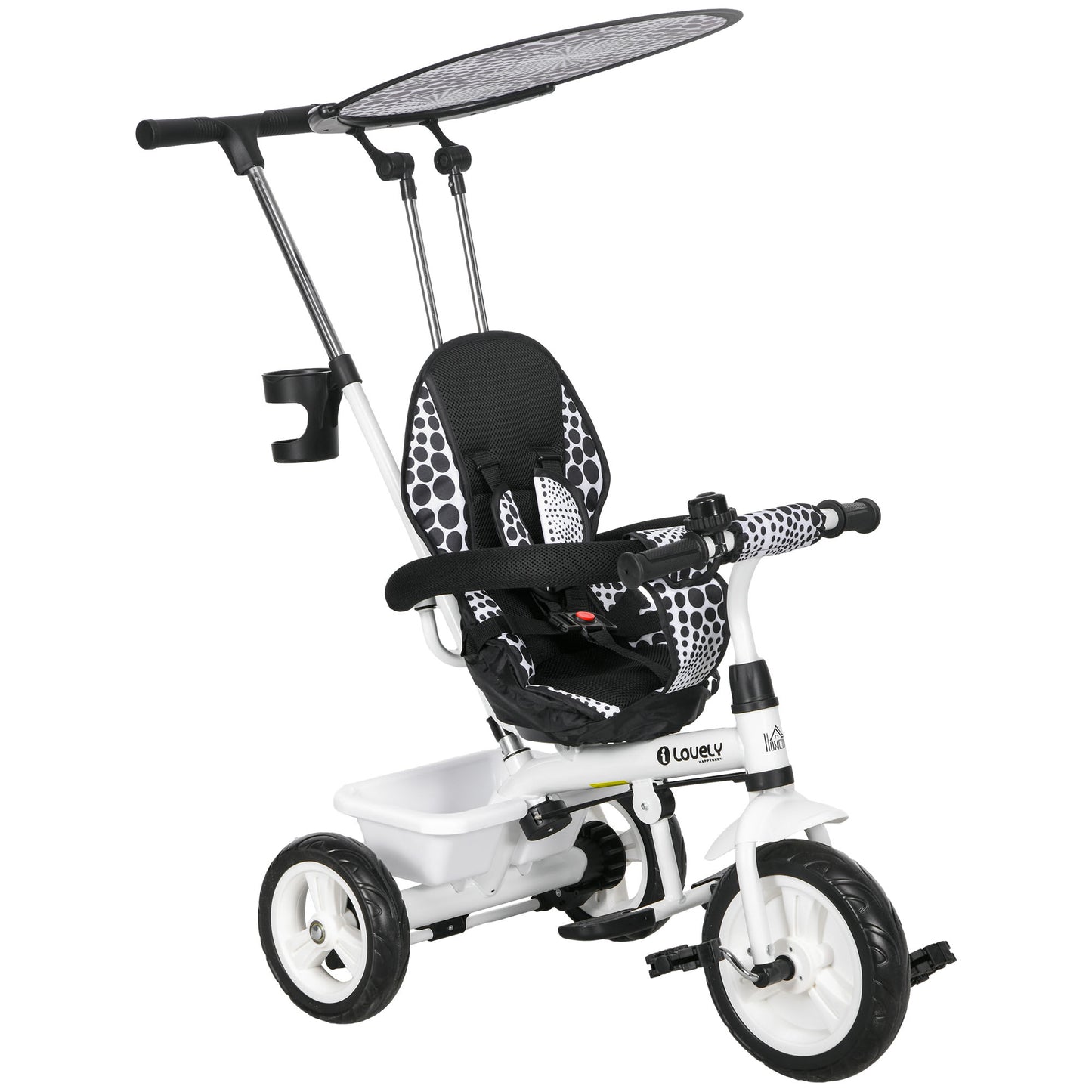 Photo of HOMCOM 6 in 1 Tricycle for Kids with 5-point harness straps, Removable Canopy, White in White colour on a white background
