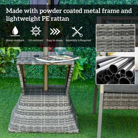 Outsunny gray wicker patio table with an open storage shelf and umbrella hole
