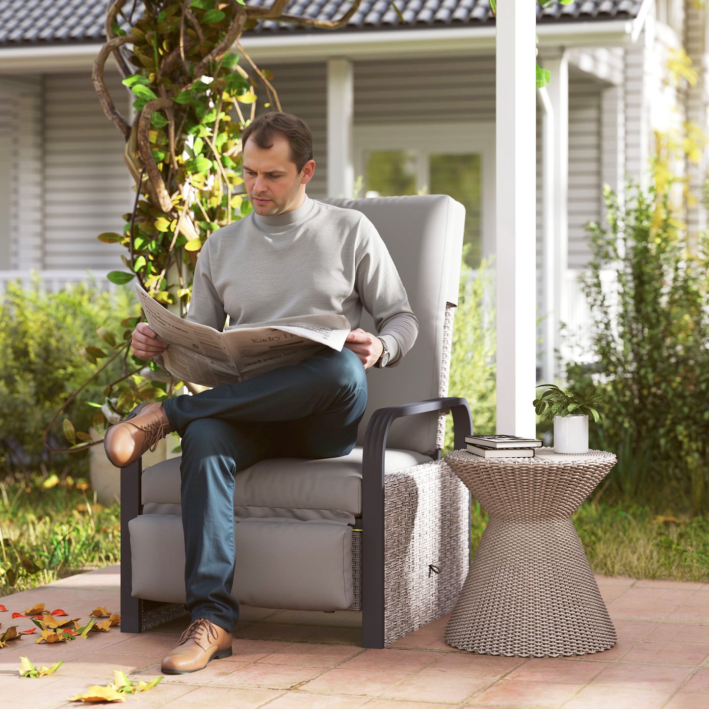 Outsunny 140° Reclining Rattan Armchair - Mixed Grey