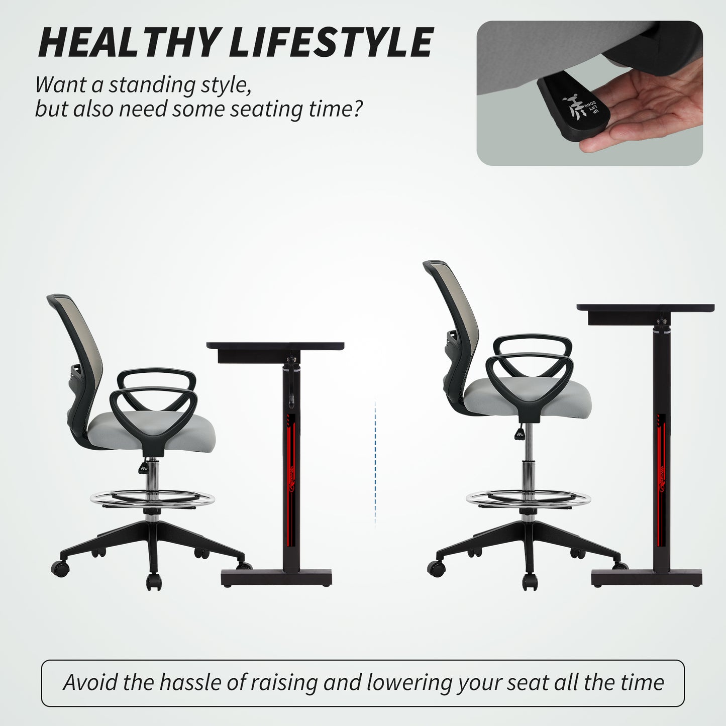 Vinsetto 100-120cm Draughtsman Office Chair, with Footrest - Light Grey