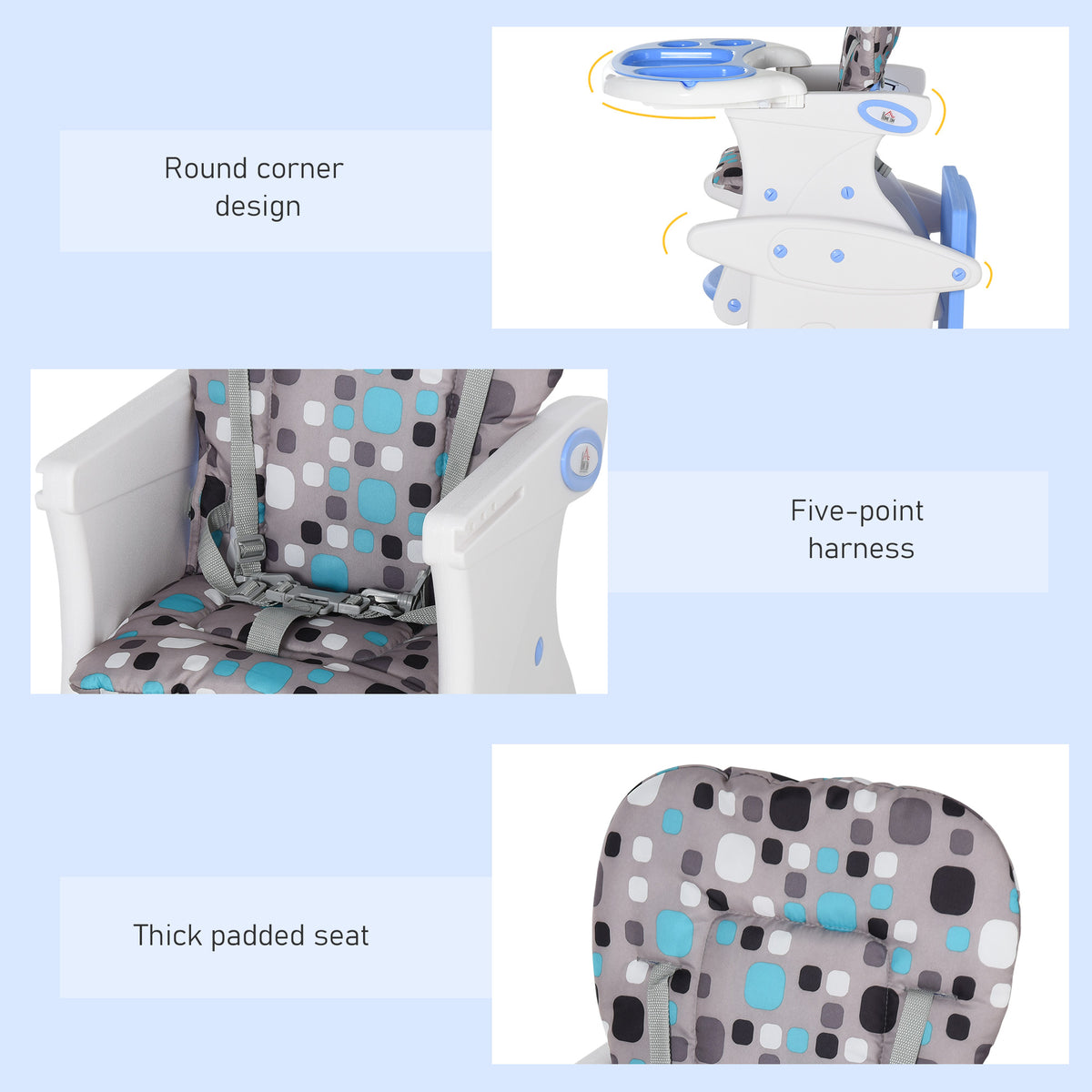 HOMCOM high chair details: rounded edges, five-point harness, and thick padded seat