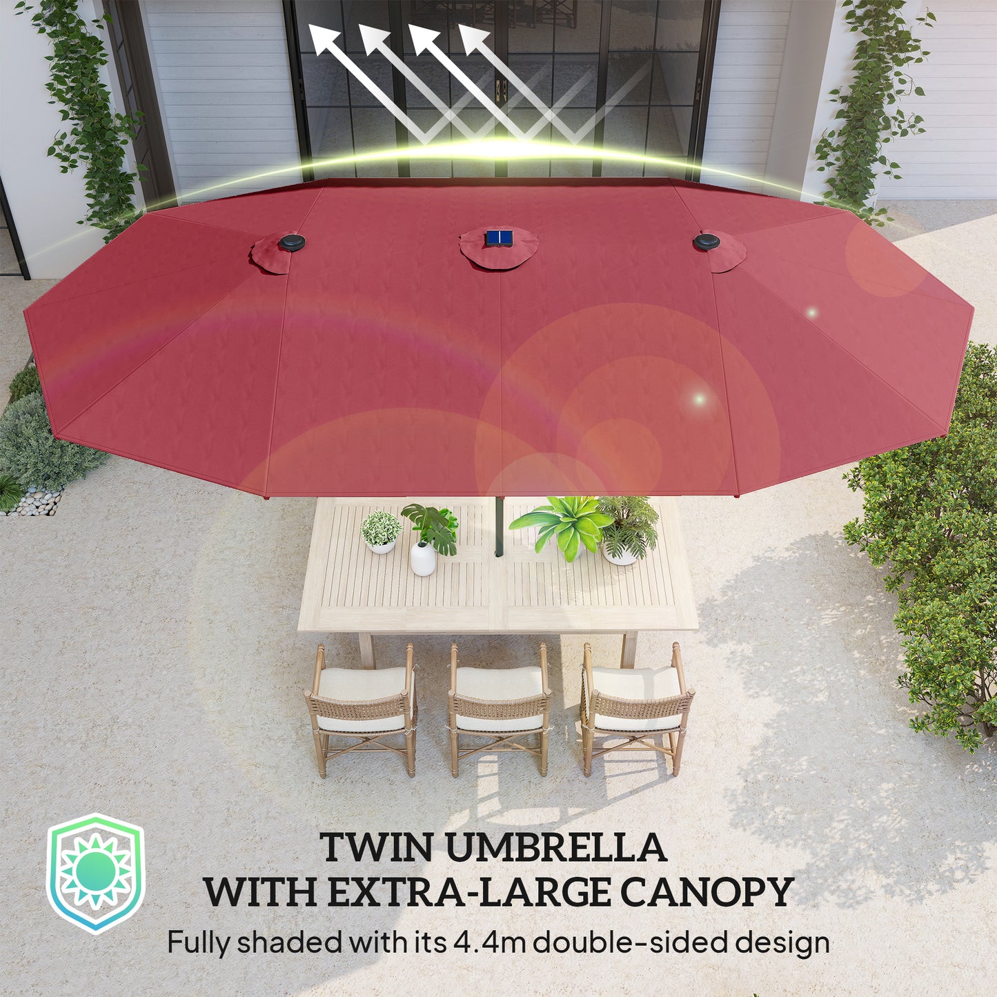 Outsunny 4.4m Double-Sided Sun Umbrella Patio Parasol LED Solar Lights Red