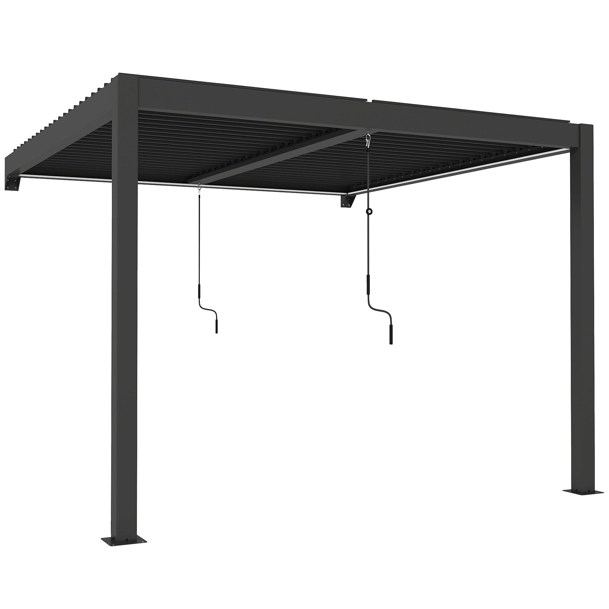 Photo of Outsunny 3 x 3 m Louvered Pergola with LED Lights, Metal Louvres, Wall Mounted Aluminium Patio Gazebo Pergola, Dark Grey in Grey colour on a white background