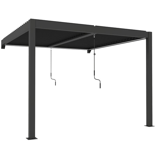 Photo of Outsunny 3 x 3 m Louvered Pergola with LED Lights, Metal Louvres, Wall Mounted Aluminium Patio Gazebo Pergola, Dark Grey in Grey colour on a white background