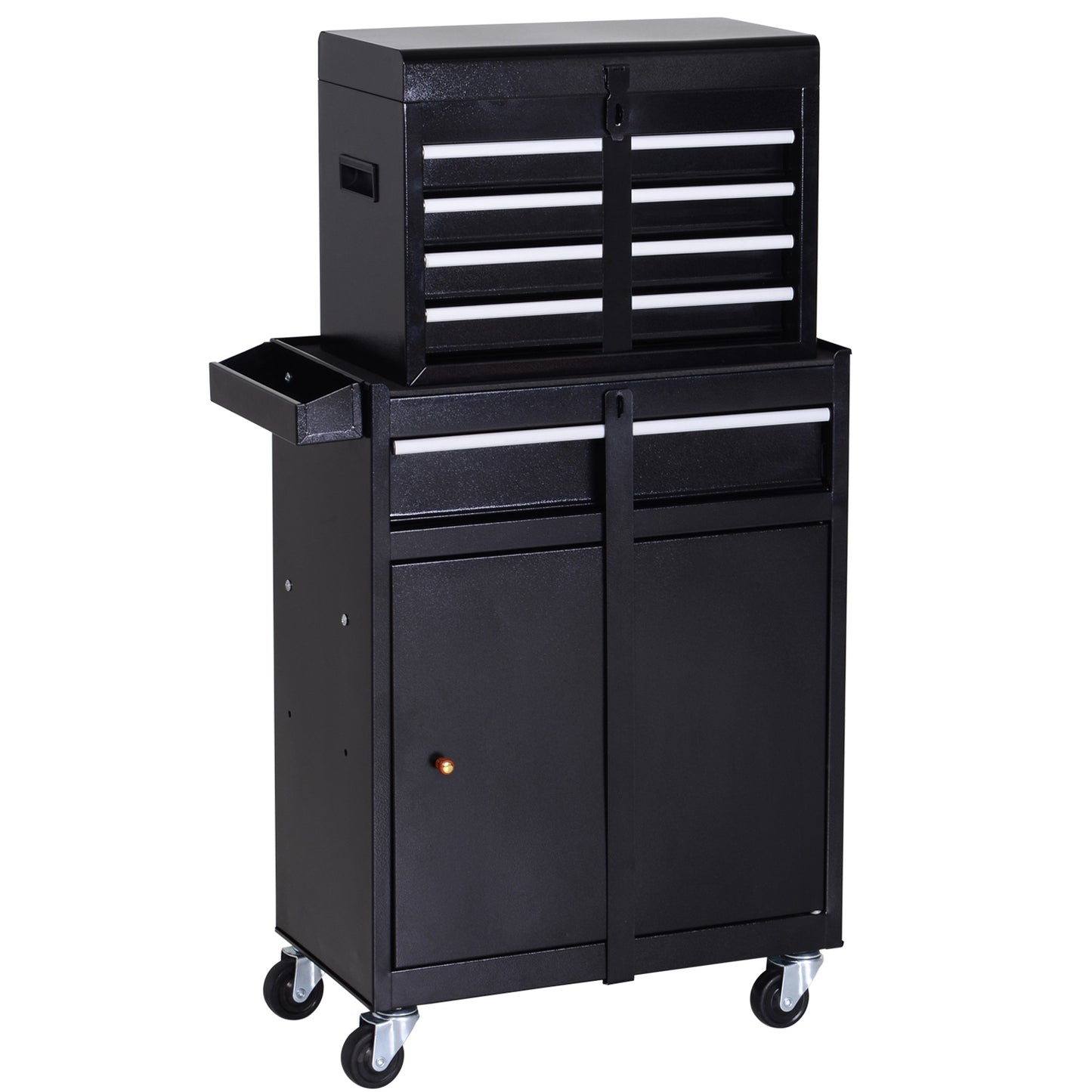 Photo of DURHAND Tool Chest 2 in 1 Metal Tool Cabinet Storage Box with 5 Drawers Pegboard Wheels 60x28x104.5cm Black in Black colour on a white background