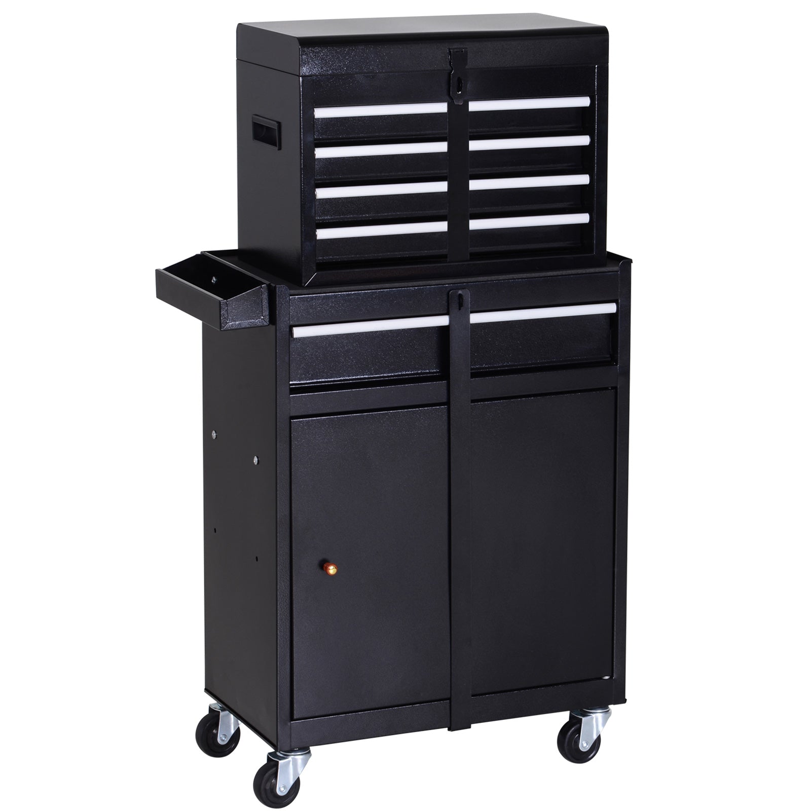 Photo of DURHAND Tool Chest 2 in 1 Metal Tool Cabinet Storage Box with 5 Drawers Pegboard Wheels 60x28x104.5cm Black in Black colour on a white background