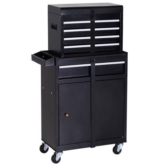 Photo of DURHAND Tool Chest 2 in 1 Metal Tool Cabinet Storage Box with 5 Drawers Pegboard Wheels 60x28x104.5cm Black in Black colour on a white background
