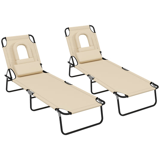 Photo of Outsunny Folding Sun Loungers Set of 2 with Face Hole, 4-Position Adjustable Backrest Garden Recliner Chairs Sunbeds, Outdoor Lounge Chairs with 500 D Oxford Cloth Seat, Pillow for Beach, Sand in Sand colour on a white background