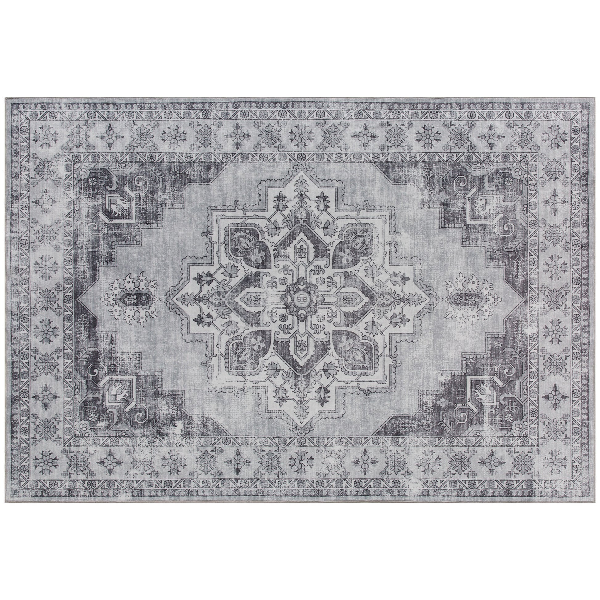 Photo of HOMCOM Vintage Area Rug, Non-Slip Washable Rug, Flannel Floor Carpet for Living Room, Bedroom, Dining Room, Home Office, 290 x 200 cm, Grey in Grey colour on a white background