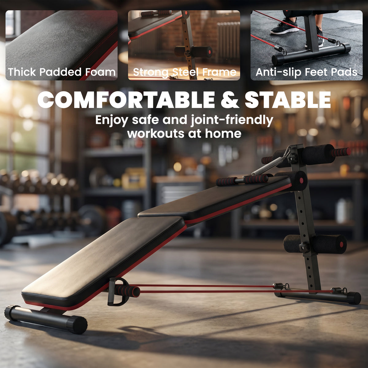 HOMCOM padded sit-up bench with steel frame, resistance bands and nonslip feet