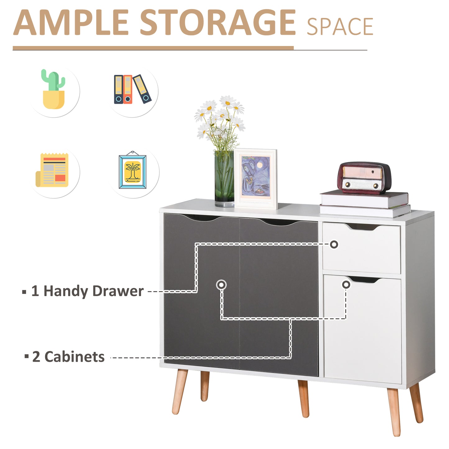 HOMCOM Sideboard Floor Standing Storage Cabinet with Drawer and Solid Wood Legs for Bedroom, Living Room, Home Office, Grey