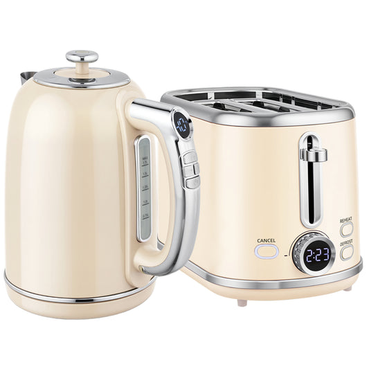 Photo of HOMCOM Polished Retro 40-100°C Kettle and Toaster Set - Cream in Cream colour on a white background