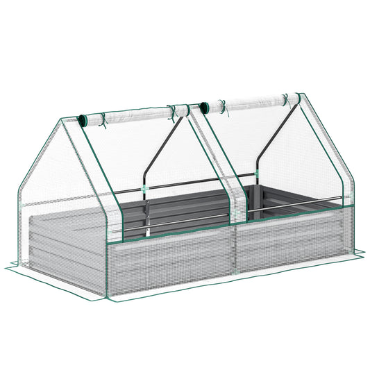 Photo of Outsunny Metal Planter Box with Cover, Raised Garden Bed with Greenhouse, for Herbs and Vegetables, White and Dark Grey in Grey colour on a white background