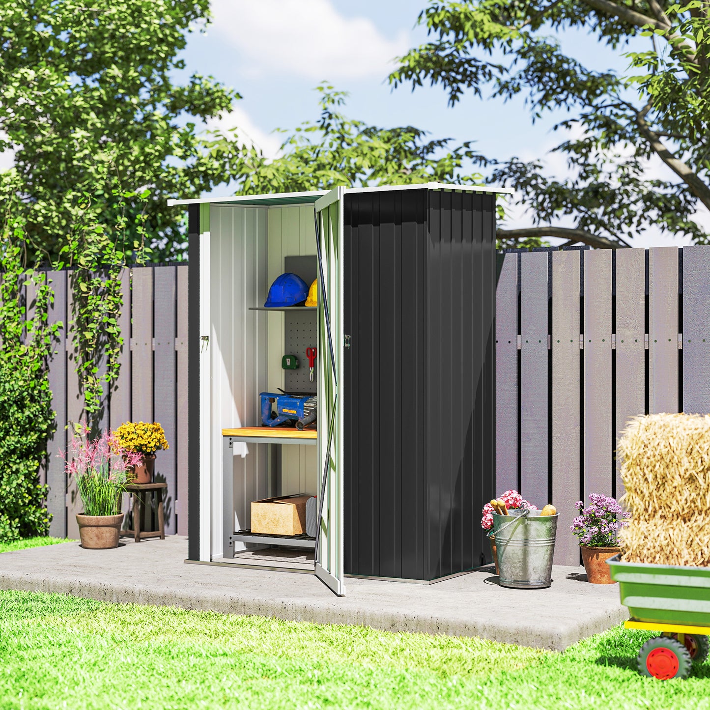 Outsunny 5ft x 3ft Garden Storage Shed, Galvanised Outdoor Metal Shed Waterproof with Sloped Roof, Lockable Door for Patio Tools, Equipment, Dark Grey