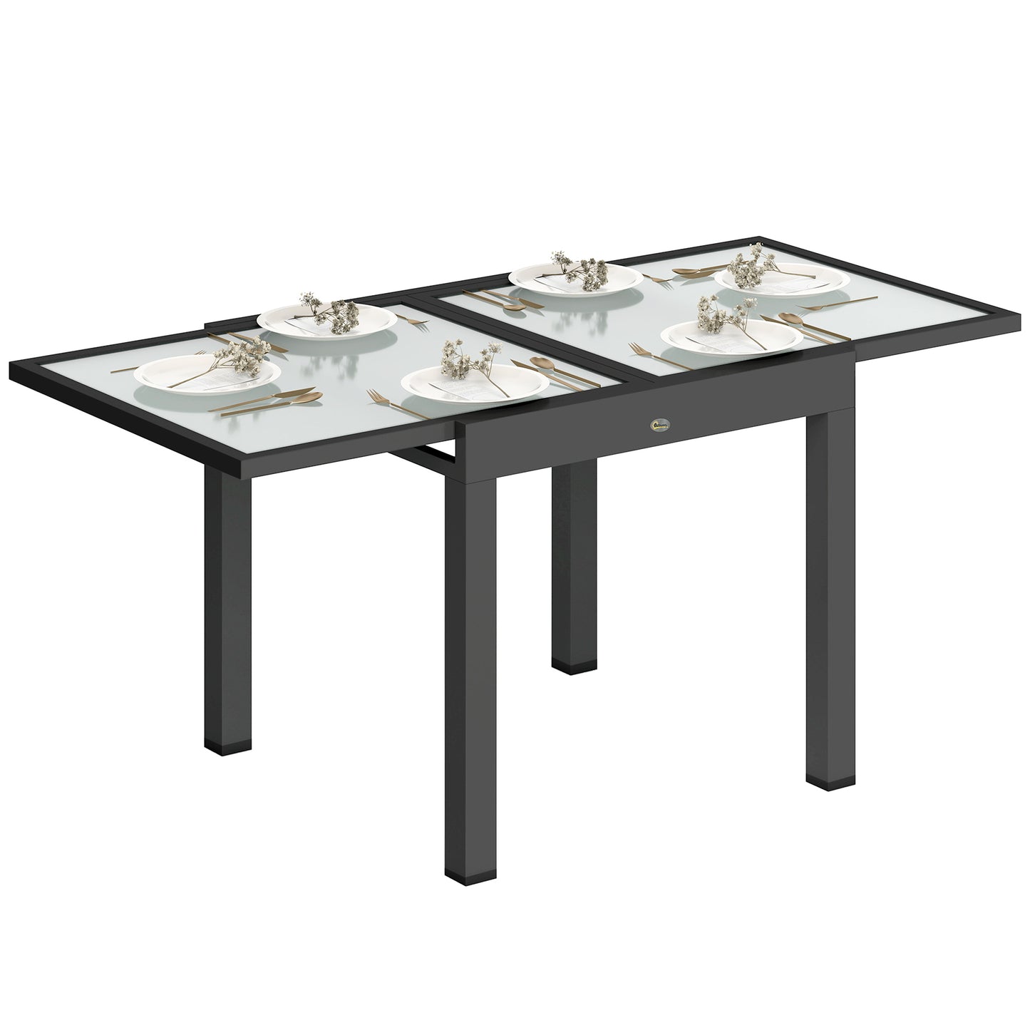 Photo of Outsunny Extending Garden Table, Outdoor Dining Table with Aluminium Frame and Tempered Glass Tabletop, 80/160 x 80 x 75 cm, Black and Clear in Clear colour on a white background