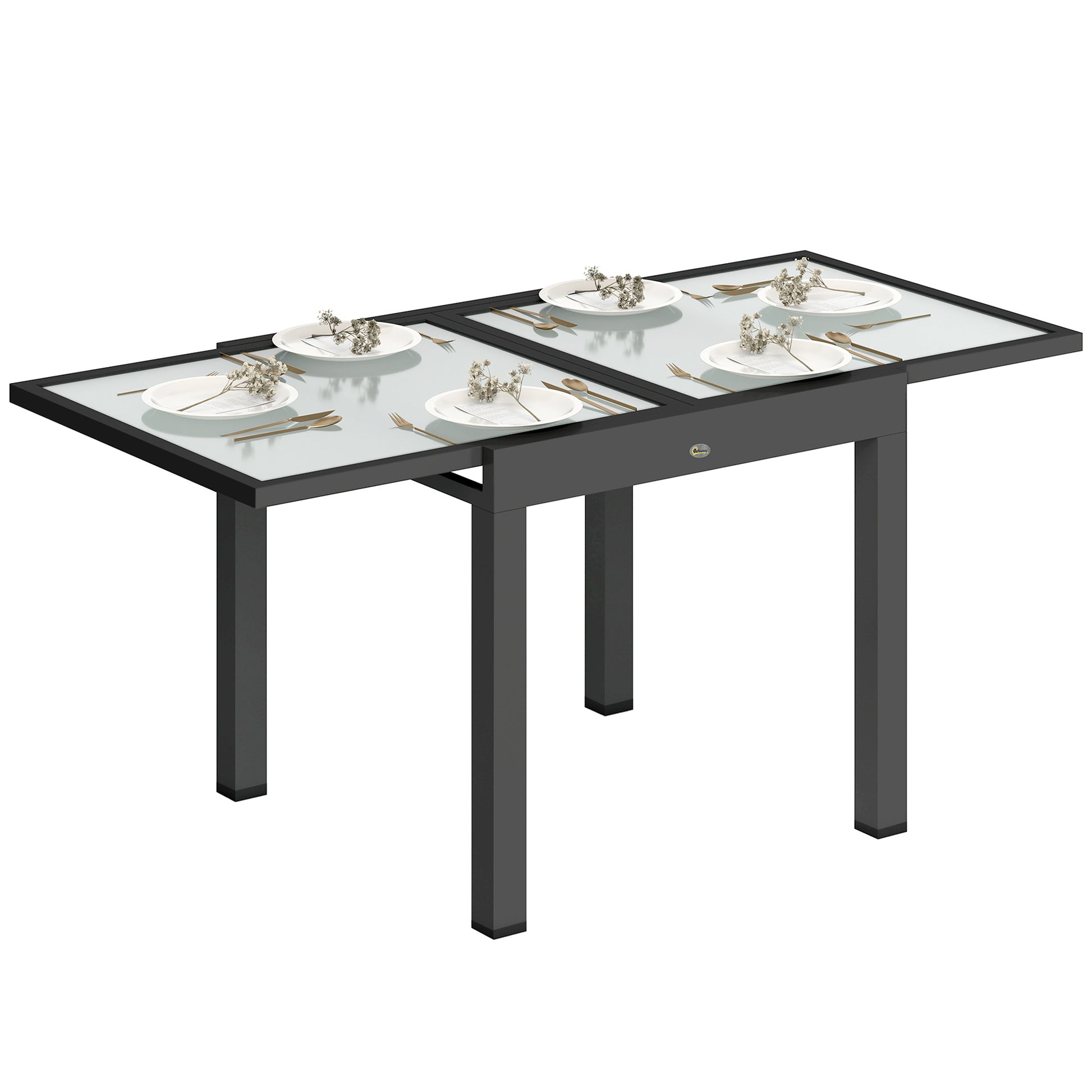 Photo of Outsunny Extending Garden Table, Outdoor Dining Table with Aluminium Frame and Tempered Glass Tabletop, 80/160 x 80 x 75 cm, Black and Clear in Clear colour on a white background