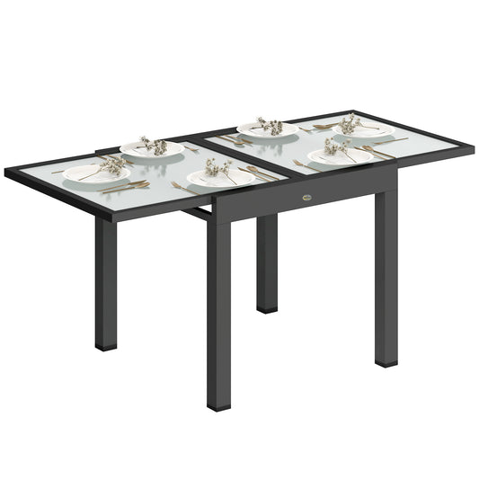 Photo of Outsunny Extending Garden Table, Outdoor Dining Table with Aluminium Frame and Tempered Glass Tabletop, 80/160 x 80 x 75 cm, Black and Clear in Clear colour on a white background