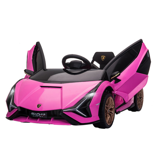 Photo of HOMCOM Lamborghini Sian Licensed Electric Car for Kids, 12V Kids Electric Ride on Car with Dual Motors, Remote Control, Pink in Pink colour on a white background