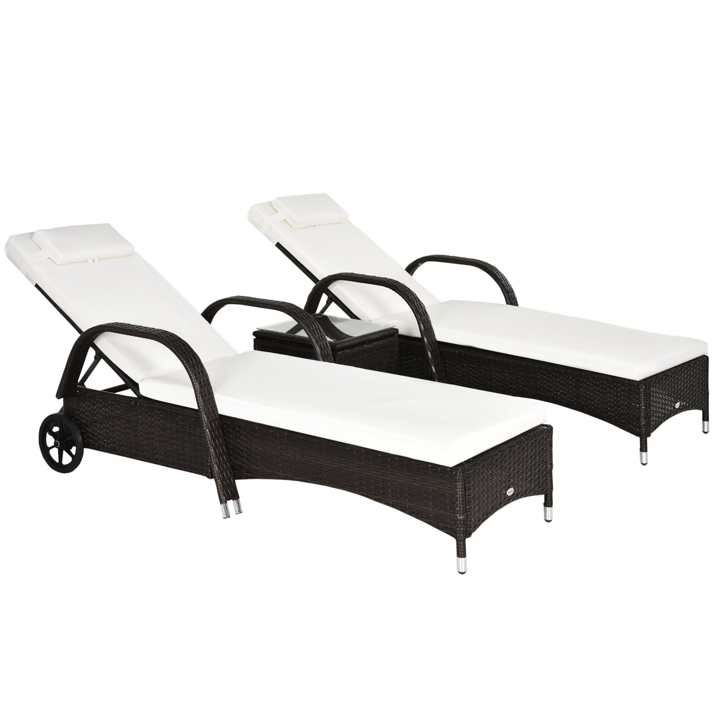 Photo of Outsunny Rattan Sun Loungers Set of 2 with Side Table, 3-Piece Garden Furniture Set, Adjustable Recliner Sunlounger Sunbed with Cushions & Headrest, Wheels, Outdoor Patio Daybed, Brown in Brown colour on a white background