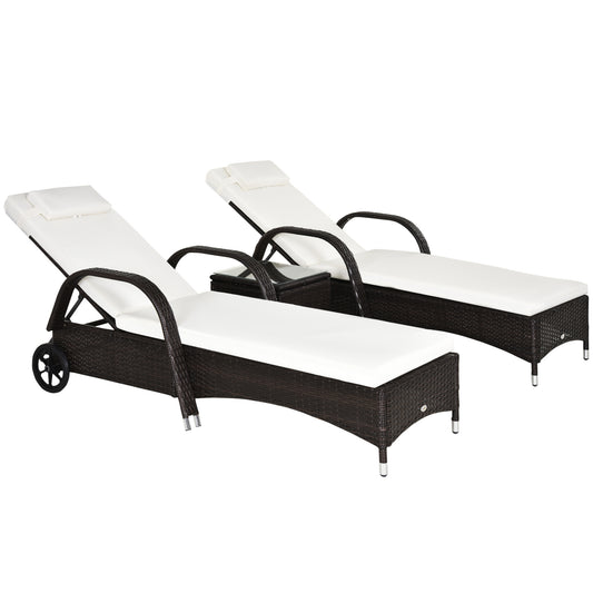Photo of Outsunny Rattan Sun Loungers Set of 2 with Side Table, 3-Piece Garden Furniture Set, Adjustable Recliner Sunlounger Sunbed with Cushions & Headrest, Wheels, Outdoor Patio Daybed, Brown in Brown colour on a white background